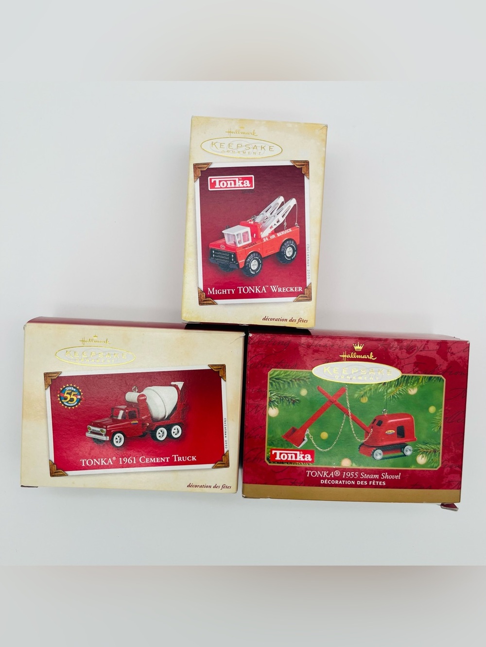 3 VTG Hallmark Tonka Truck Ornaments Cement Truck, Wrecker, Steam Shovel